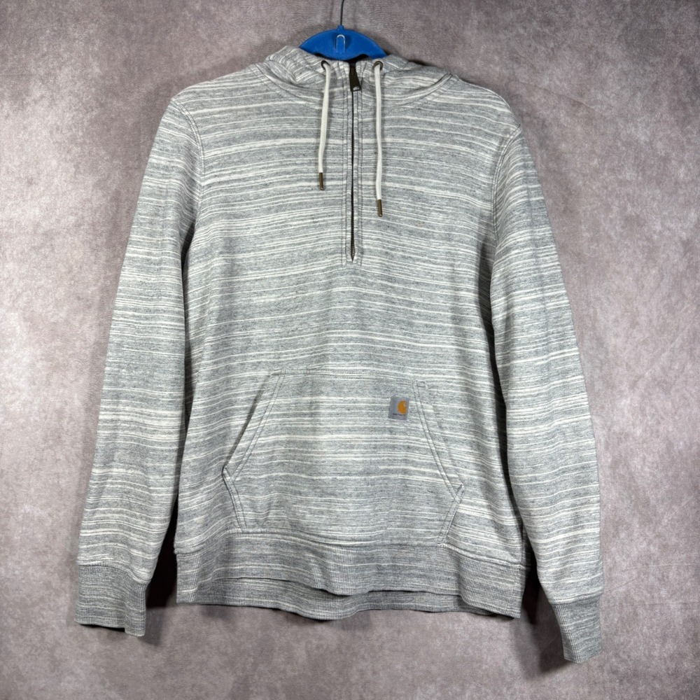 Carhartt Hoodie Sweatshirt Women L Gray Clarksburg 1/4 Zip Relaxed Fit Striped
